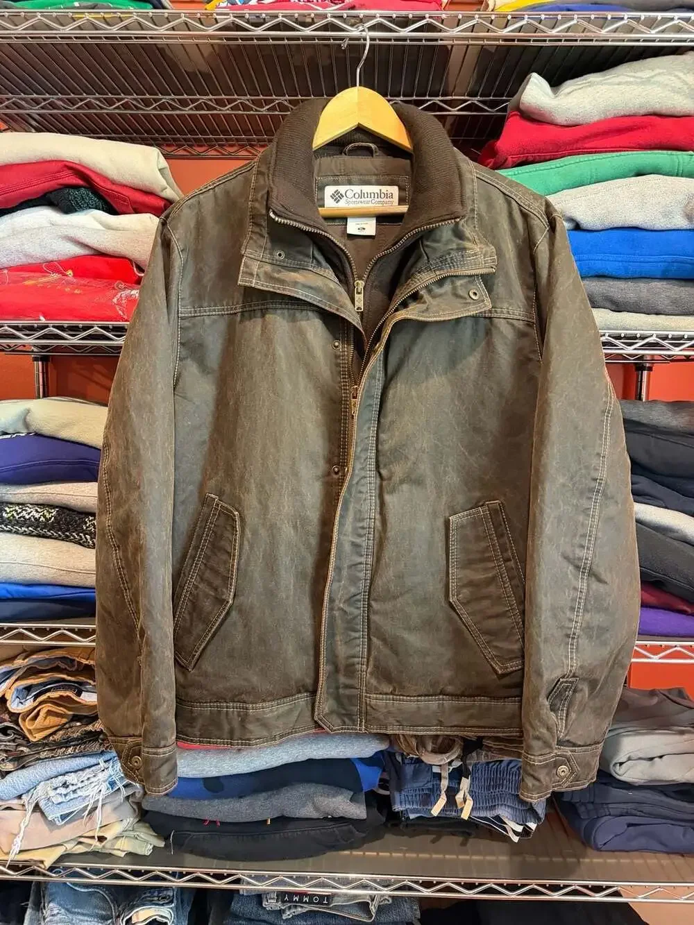 Columbia Vintage Brown Distressed Canvas Cotton Jacket with Fleece Lining XL